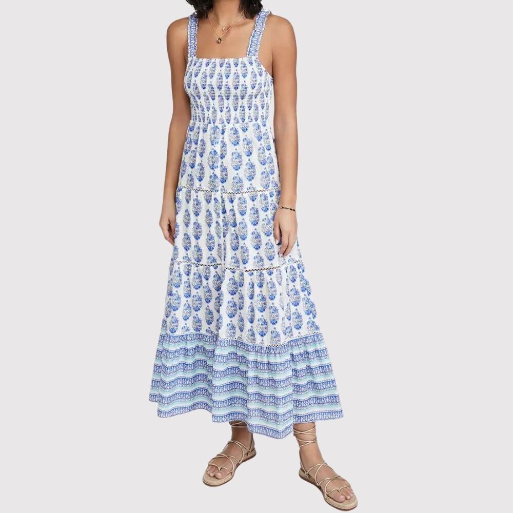 Playa Lucila Maxi Dress Blue Smock Border Tiered Sleeveless Sundress Boho Large